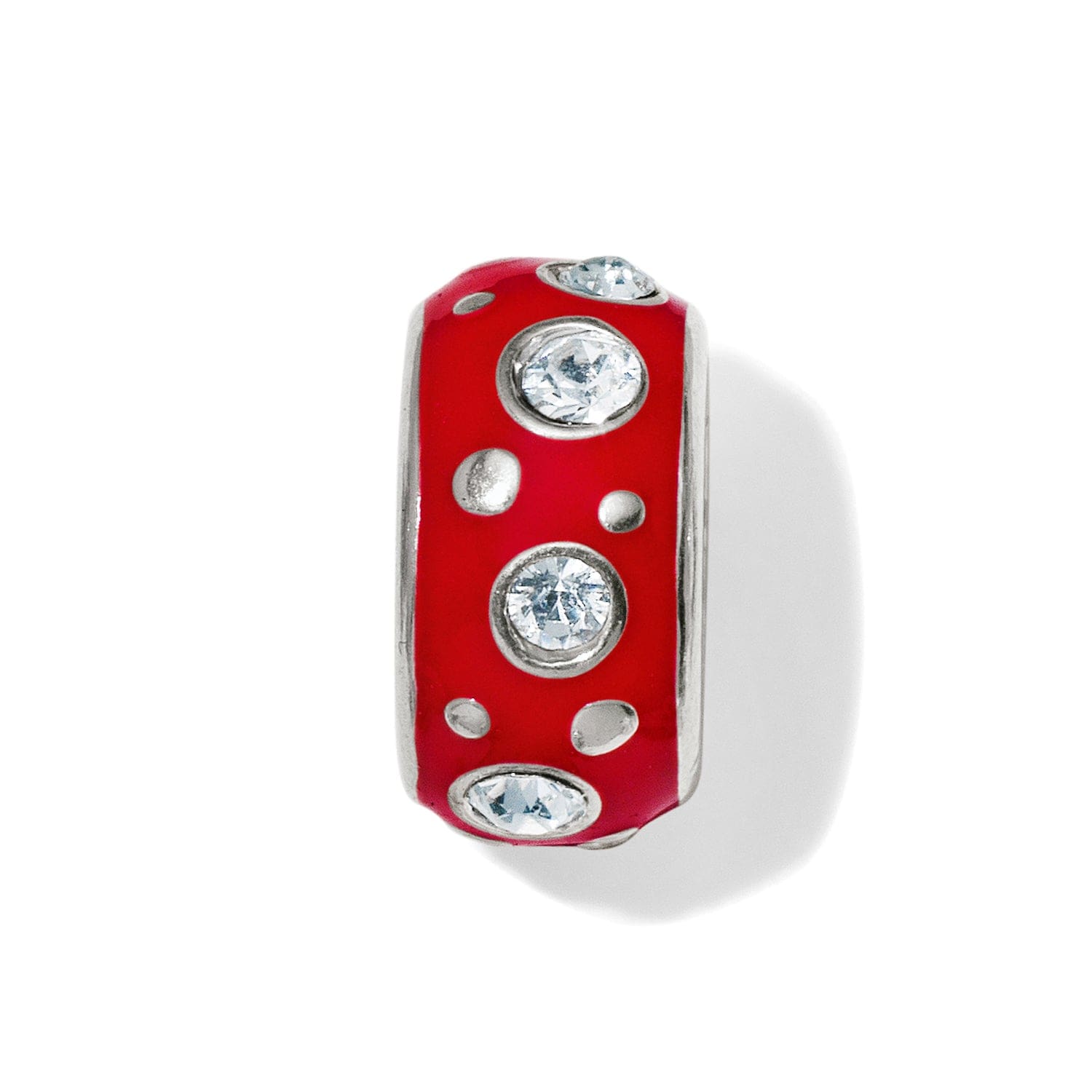 Brighton charm bead with red enamel, silver-plated dot accents, and fine quality crystals on a white background