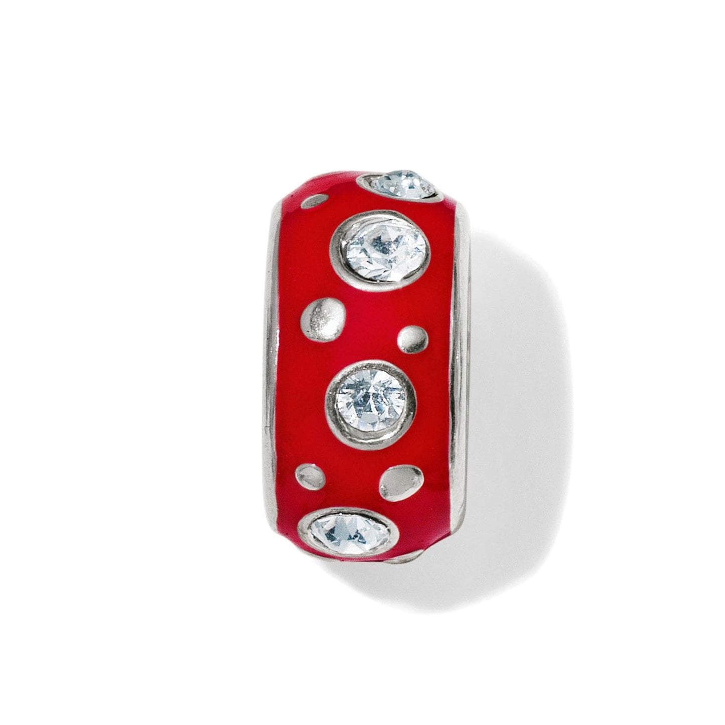 Brighton charm bead with red enamel, silver-plated dot accents, and fine quality crystals on a white background