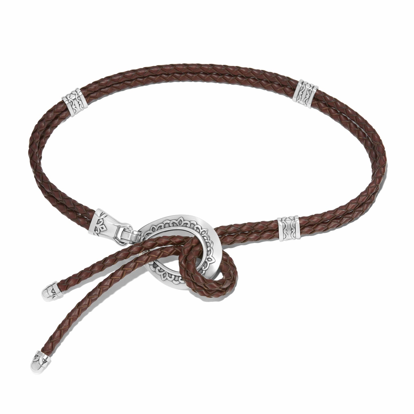 Brighton braided brown leather necklace with silver-tone ring pendant and decorative station accents on a white background