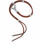 Brighton bolo necklace with braided brown leather cords and silver-tone oval loop with engraved details on a white background
