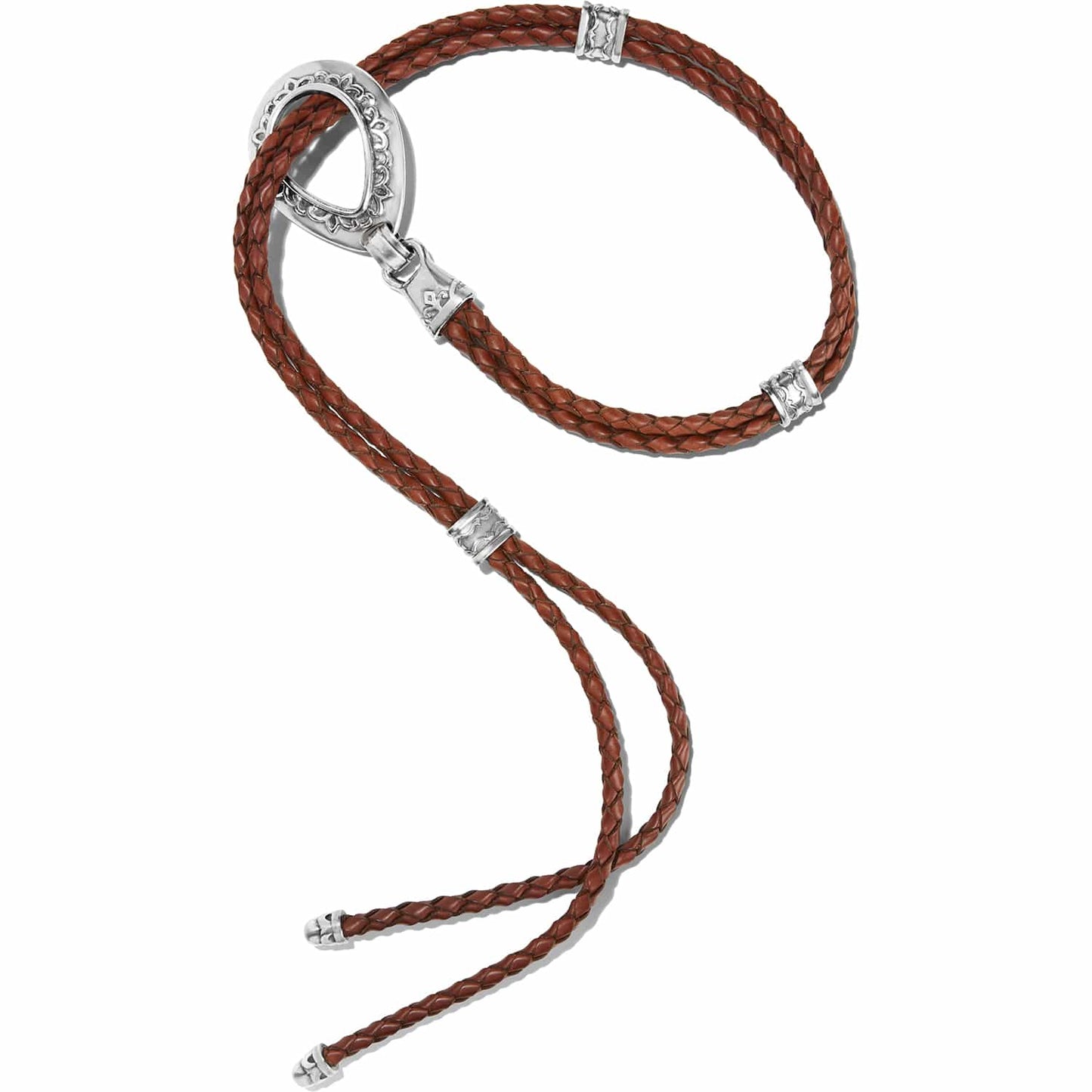 Brighton bolo necklace with braided brown leather cords and silver-tone oval loop with engraved details on a white background