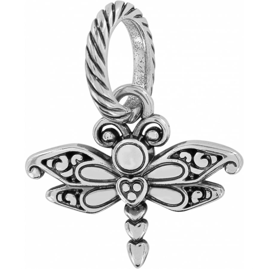 Brighton dragonfly charm with silver-plated filigree wings, scrollwork details, and beaded body on a white background