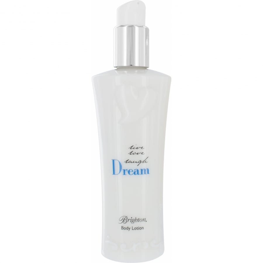 Brighton body lotion in white pump bottle with blue Dream script and silver-tone collar on a white background