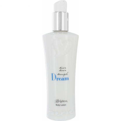Brighton body lotion in white pump bottle with blue Dream script and silver-tone collar on a white background