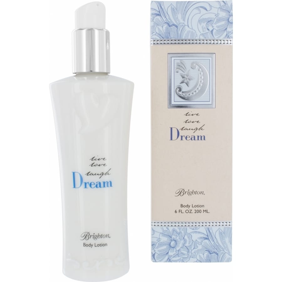 Brighton Dream body lotion bottle with silver-tone pump beside blue floral patterned box on a white background