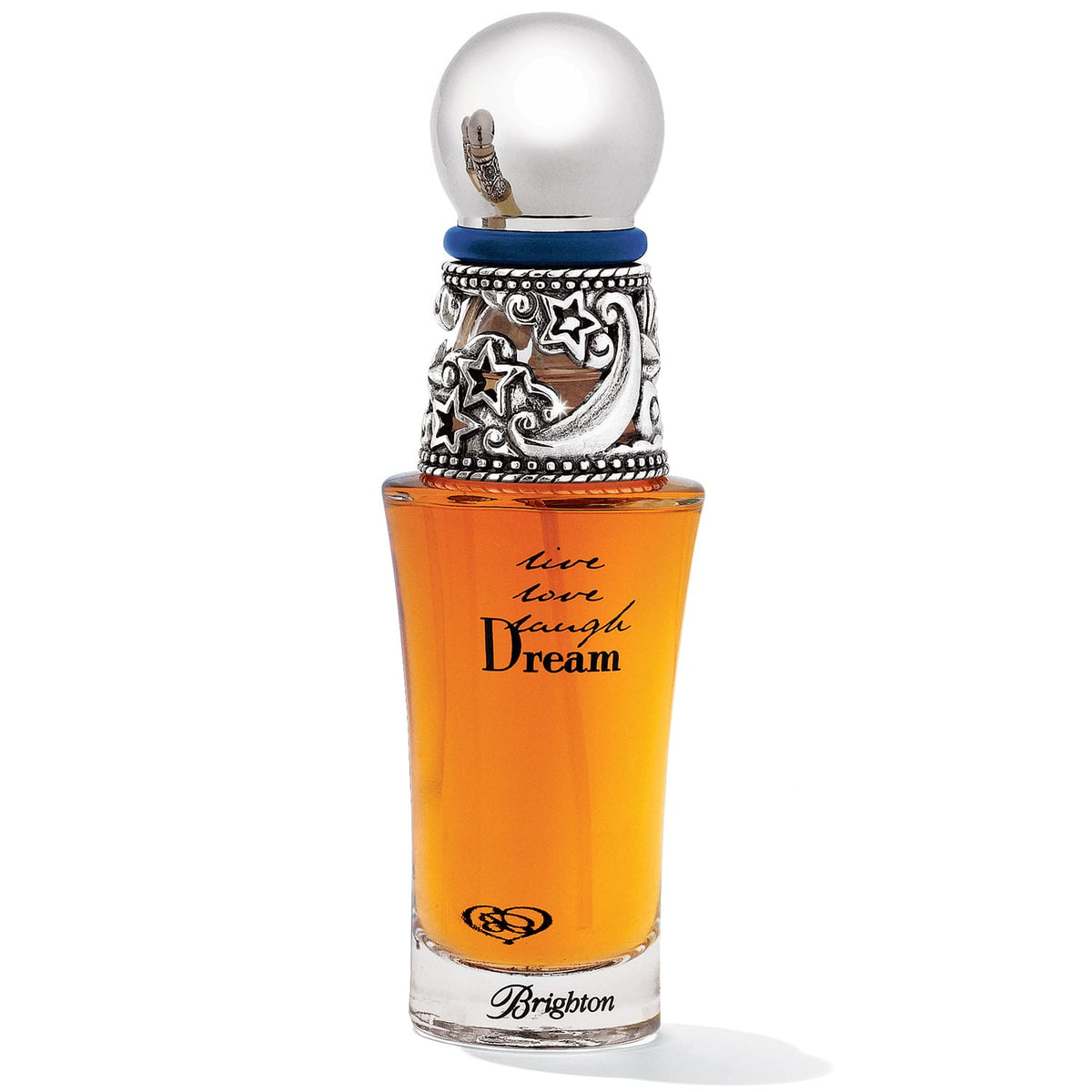 Brighton perfume bottle with amber fragrance, silver-tone star and moon cap, and Live Love Laugh Dream script on a white background