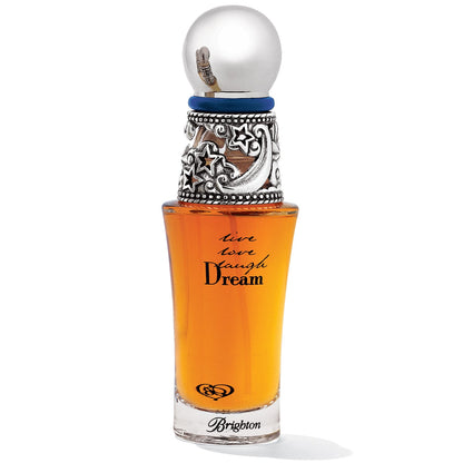 Brighton perfume bottle with amber fragrance, silver-tone star and moon cap, and Live Love Laugh Dream script on a white background
