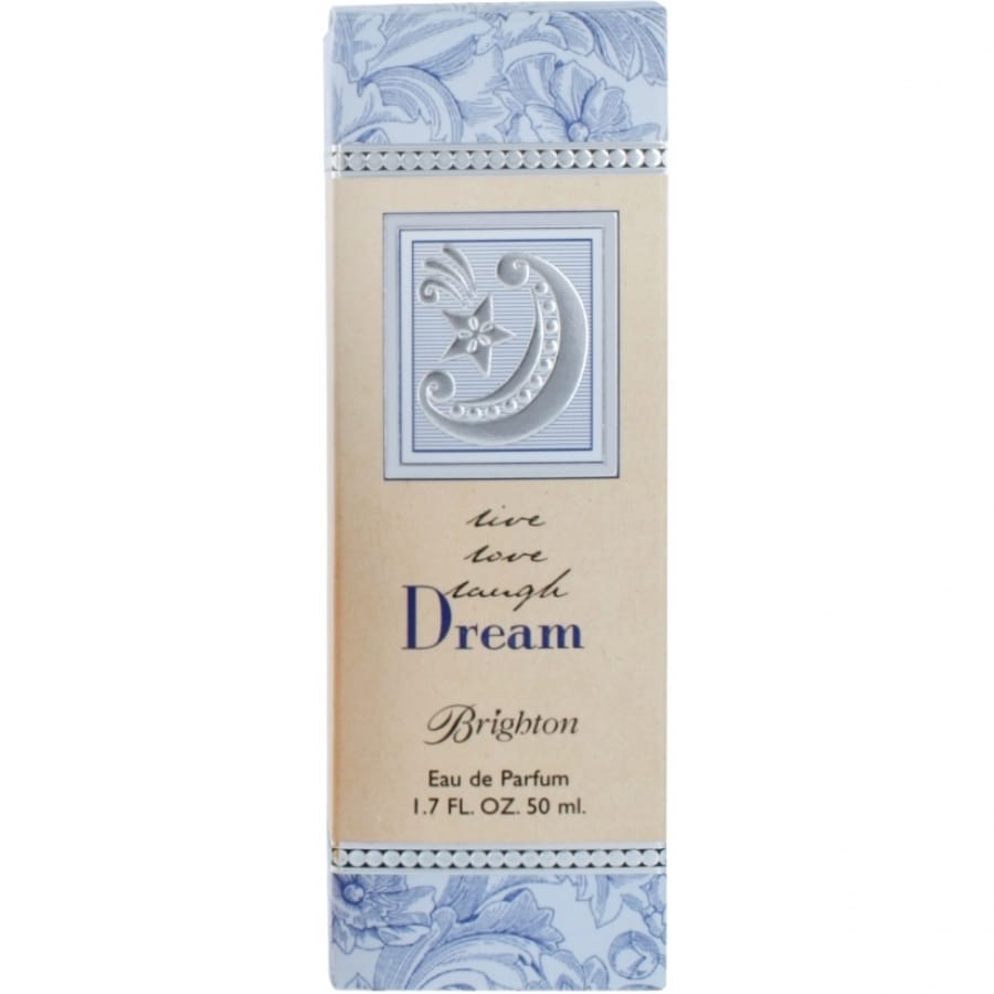 Brighton Dream Eau de Parfum box with blue floral print, silver crescent moon emblem, and script lettering on a white background