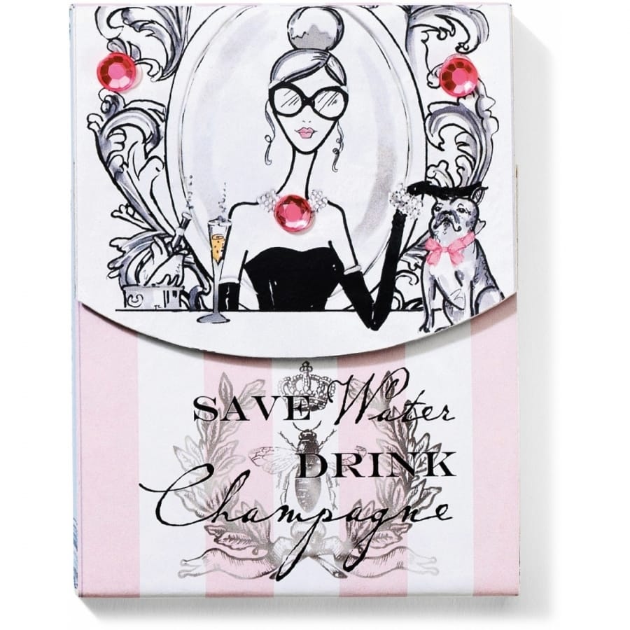 Brighton notepad with illustrated woman in sunglasses, pink crystal accents, and Save Water Drink Champagne text on a white background