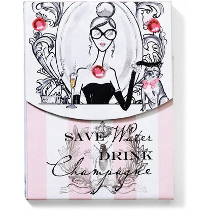 Brighton notepad with illustrated woman in sunglasses, pink crystal accents, and Save Water Drink Champagne text on a white background