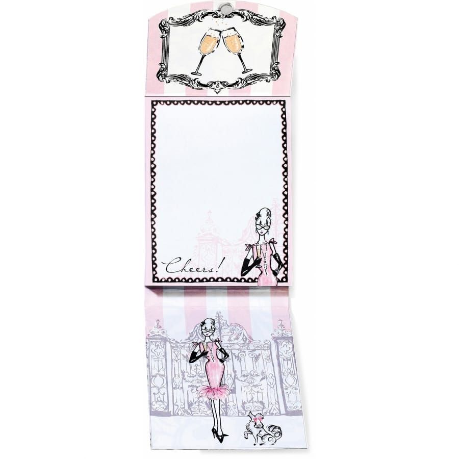 Brighton notepad with pink stripes, champagne toast illustration, and elegant lady in pink dress on a white background