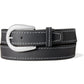 Brighton black leather belt with contrast white stitching and silver-tone horseshoe buckle on a white background