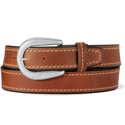 Brighton tan leather belt with silver-tone curved buckle and contrast stitching detail on a white background