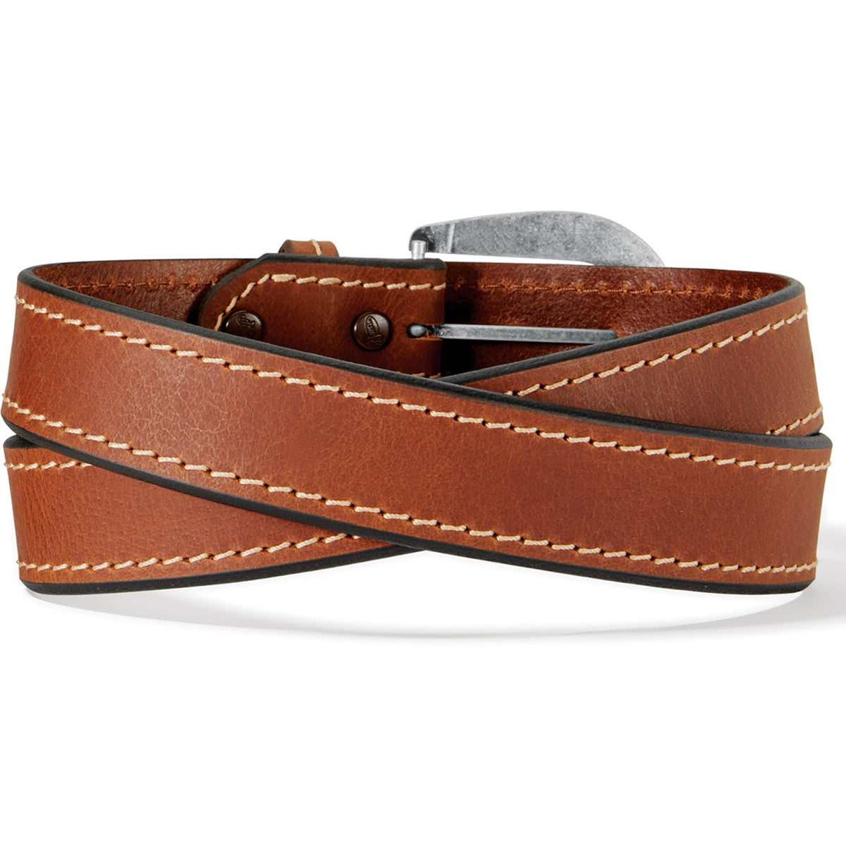 Brighton coiled tan leather belt with contrast cream stitching and silver-tone buckle on a white background