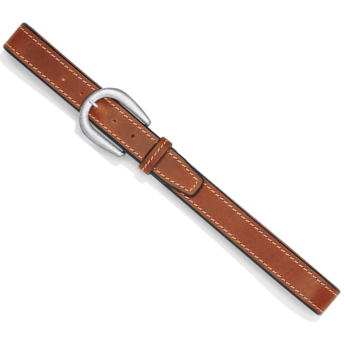 Brighton brown leather belt with contrast white stitching and silver-tone rounded buckle on a white background