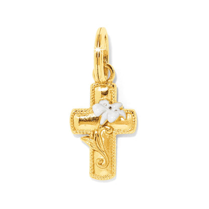 Brighton cross charm pendant in gold-plated finish with white enamel lily flower accent on a white background