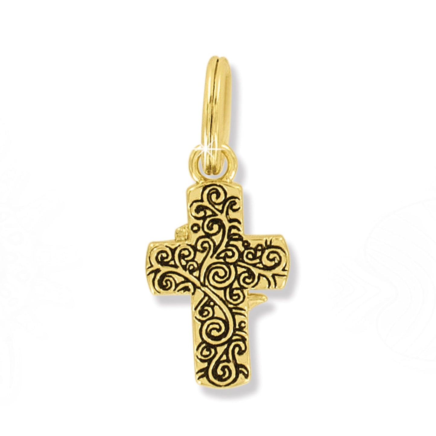 Brighton cross charm pendant with gold-plated finish and black enamel scroll detailing on a white background