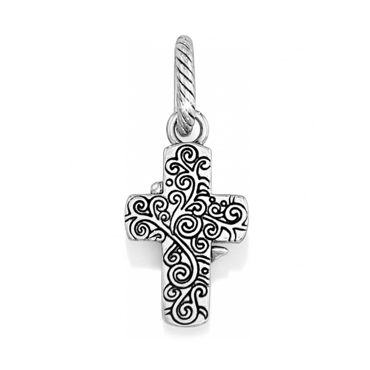 Brighton cross charm with silver-plated finish and ornate swirl engraved detailing on a white background