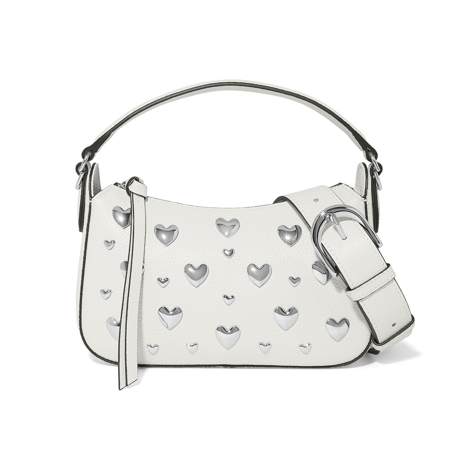 Brighton white handbag with silver-tone heart studs, top handle, and oversized buckle strap on a white background