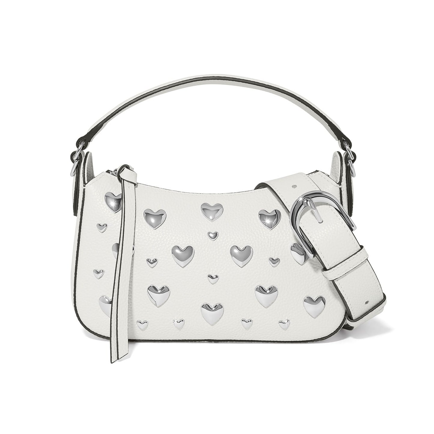 Brighton white handbag with silver-tone heart studs, top handle, and oversized buckle strap on a white background