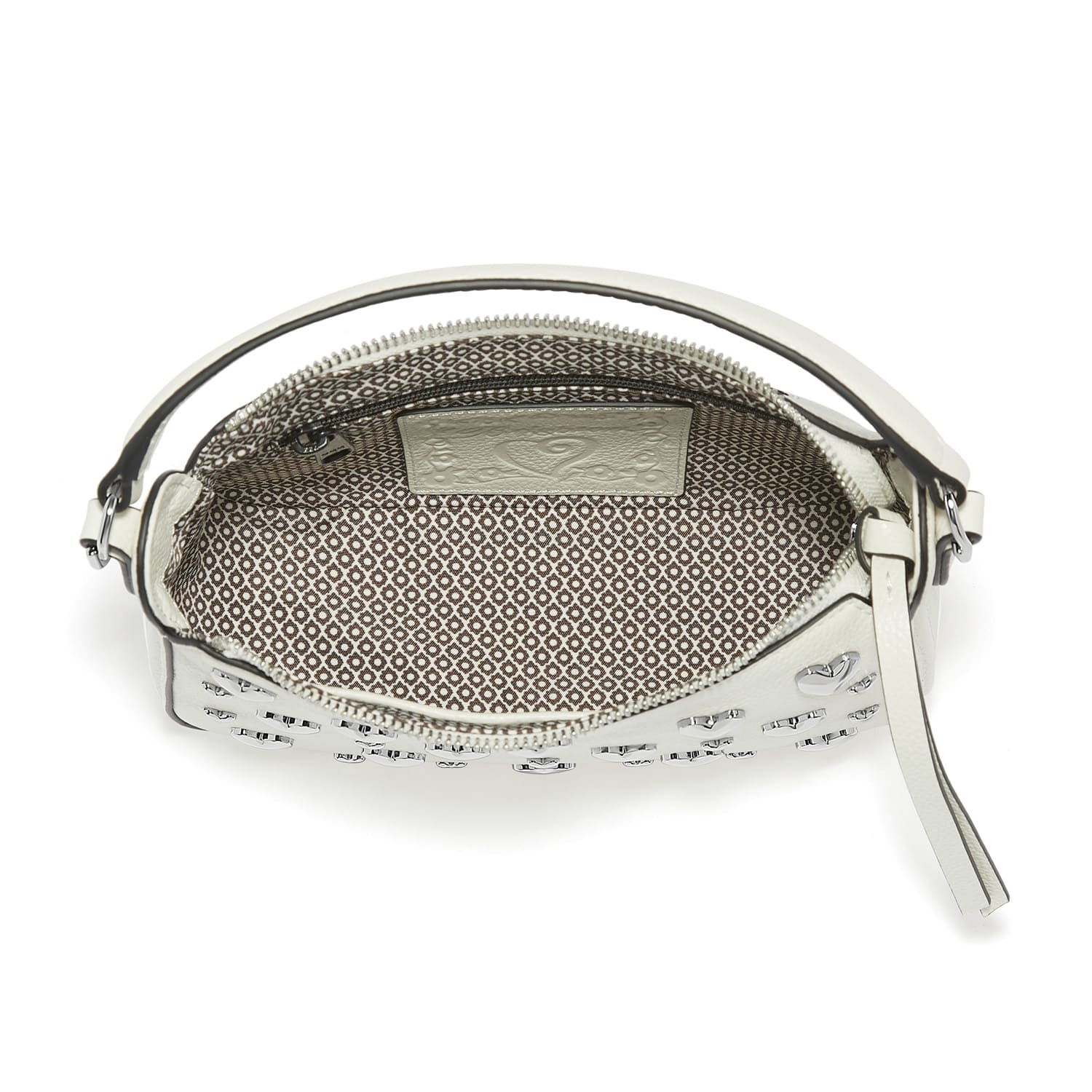 Brighton white leather handbag shown open with patterned fabric lining, embossed logo tag, and silver-tone studs on a white background