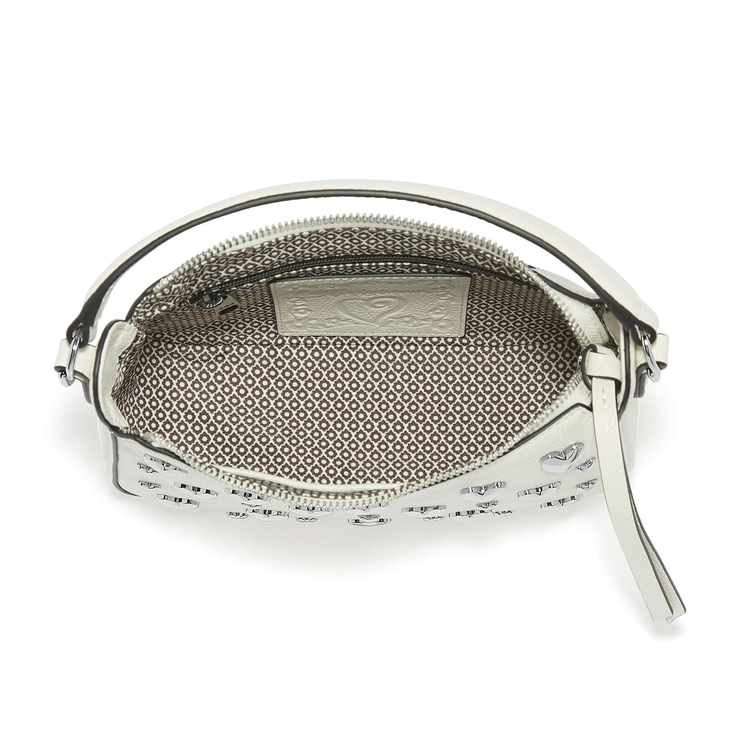 Brighton white leather handbag shown open with patterned fabric lining, embossed logo tag, and silver-tone studs on a white background