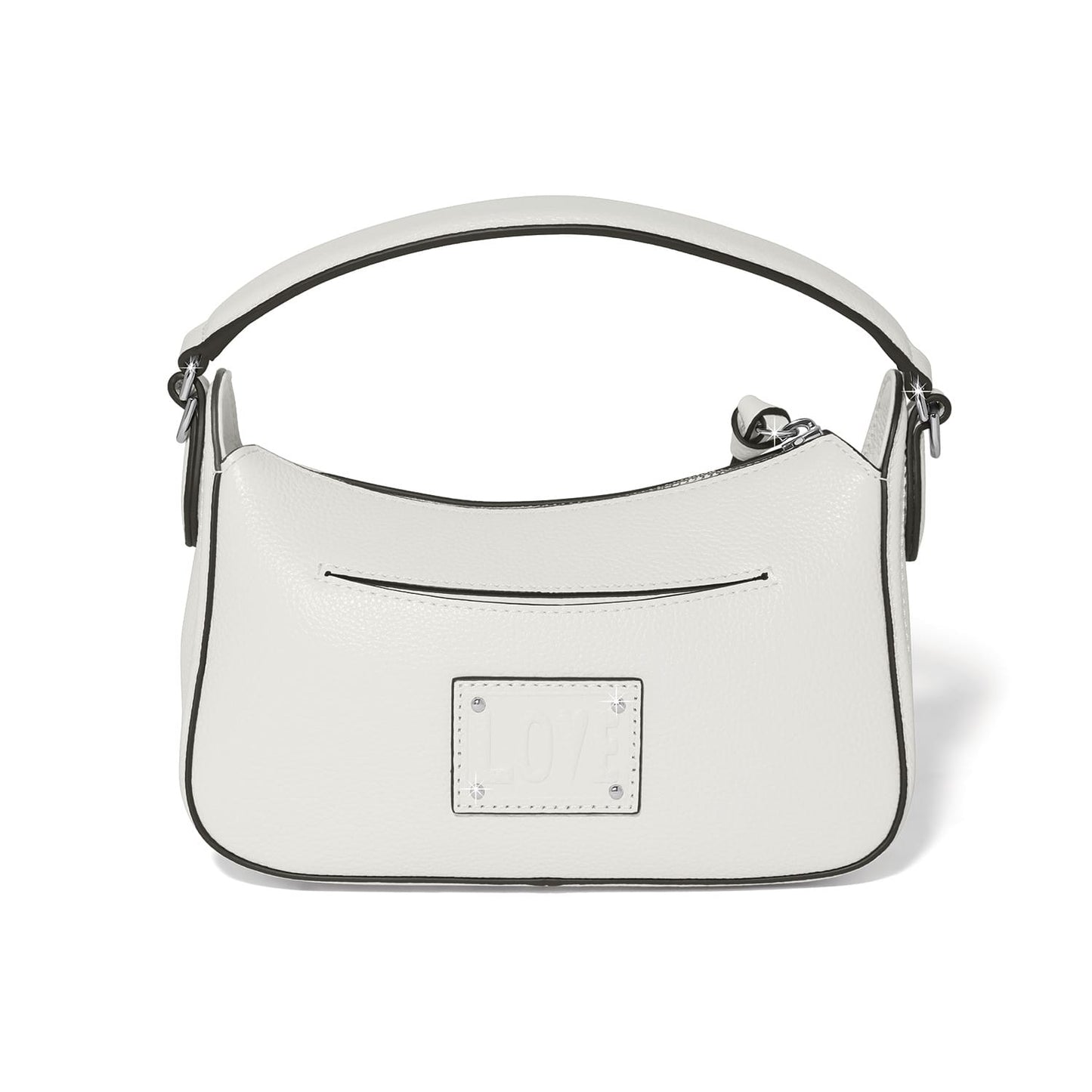 Brighton white pebbled handbag shown from the back with love plaque, slip pocket, and silver-tone hardware on a white background