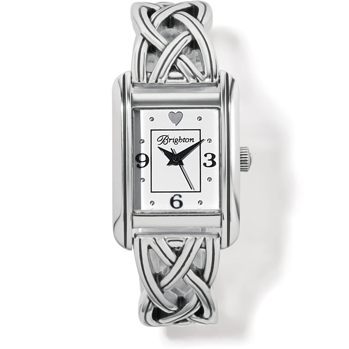 Brighton watch with silver-plated braided link band, rectangular white face, and heart accent on a white background