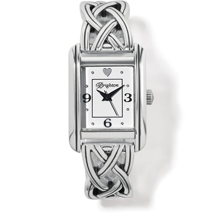 Brighton watch with silver-plated braided link band, rectangular white face, and heart accent on a white background