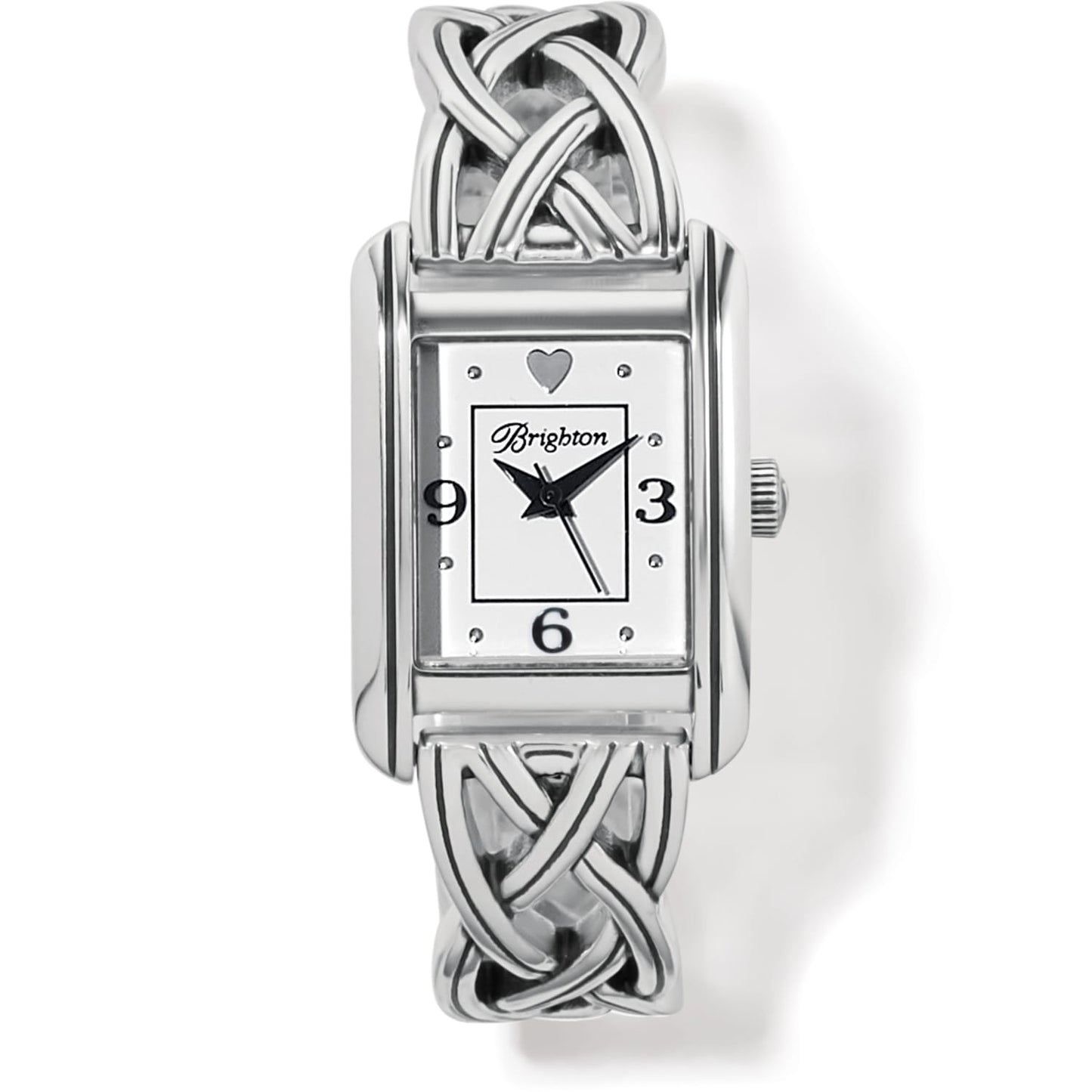 Brighton watch with silver-plated braided link band, rectangular white face, and heart accent on a white background