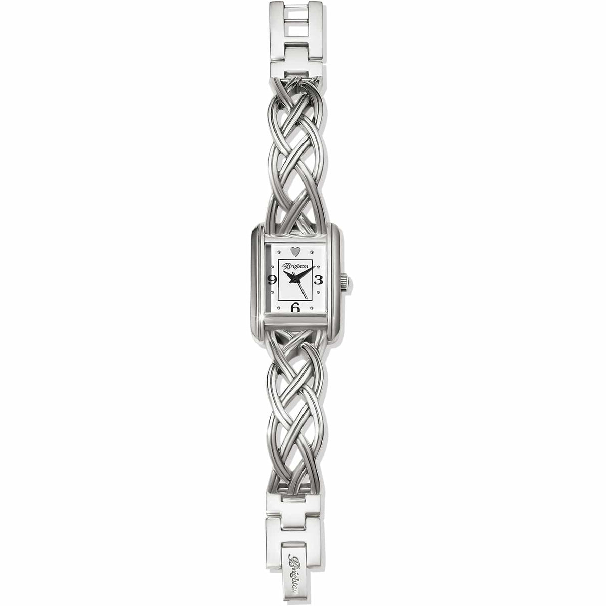 Brighton watch with square silver-plated case, white dial, and braided silver-plated bracelet band on a white background