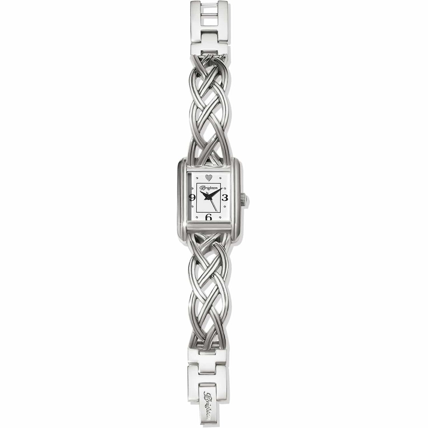 Brighton watch with square silver-plated case, white dial, and braided silver-plated bracelet band on a white background