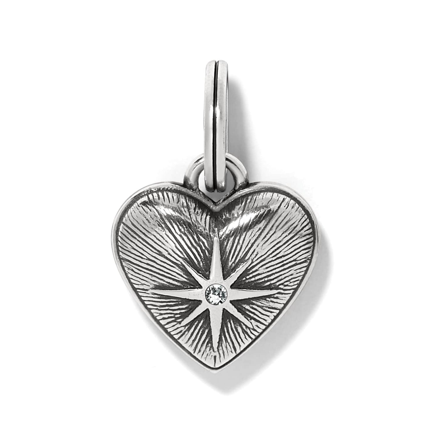 Brighton heart charm with silver-plated starburst design and crystal center accent on a white background
