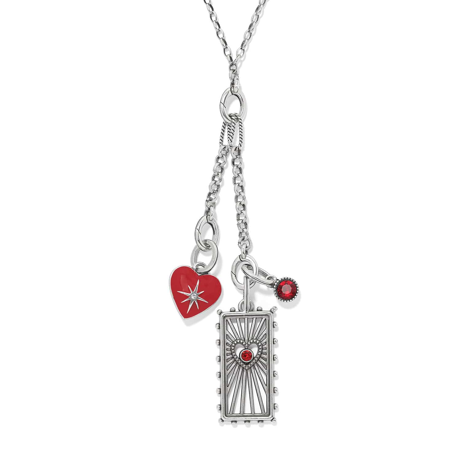 Brighton silver-plated charm necklace with red enamel heart, rectangular pendant, and red crystal accents on a white background