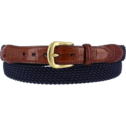 Brighton belt with navy braided fabric, brown croc-embossed leather tabs, and gold-tone buckle on a white background