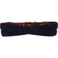 Brighton belt with navy braided fabric, brown leather tab, and gold-tone buckle on a white background