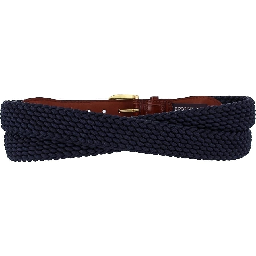 Brighton belt with navy braided fabric, brown leather tab, and gold-tone buckle on a white background