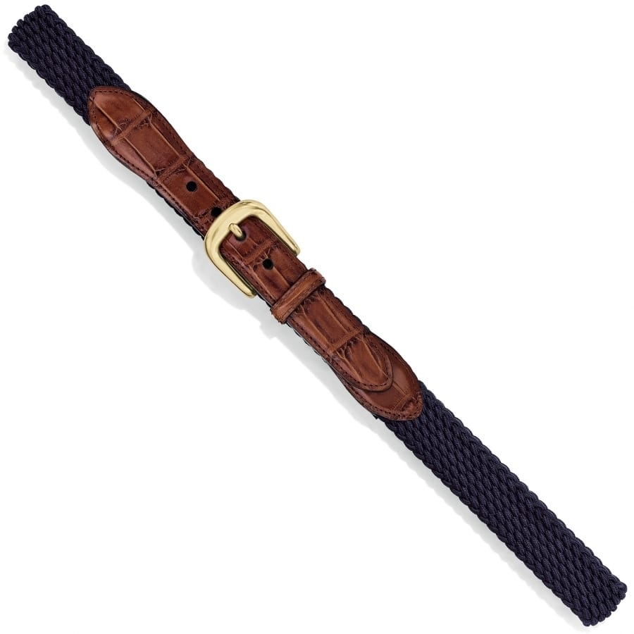 Brighton belt with navy braided fabric, brown croc-embossed leather tabs, and gold-tone buckle on a white background
