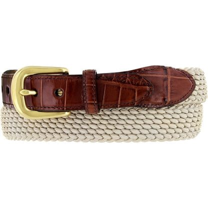 Brighton braided cream belt with brown leather trim and gold-tone buckle on a white background