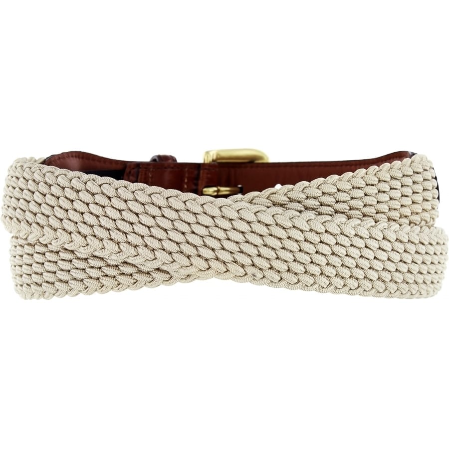 Brighton braided beige belt with brown leather backing and gold-tone buckle on a white background