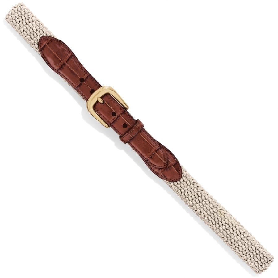 Brighton woven belt with cream braided design and brown leather tabs with gold-tone buckle on a white background