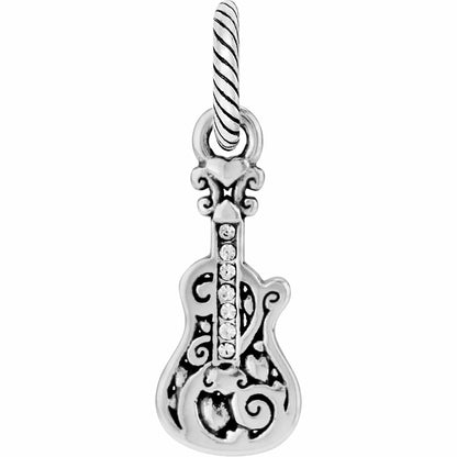 Brighton guitar charm with silver-plated scroll detailing and crystal accents along the neck on a white background