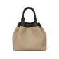 Brighton handbag in tan textured fabric with black leather drawstring trim and rolled top handles on a white background