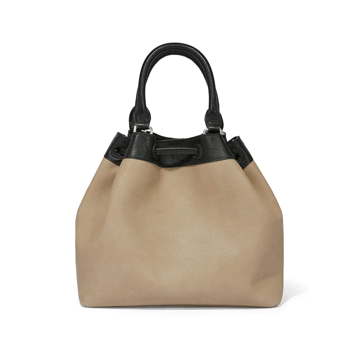 Brighton handbag in tan textured fabric with black leather drawstring trim and rolled top handles on a white background