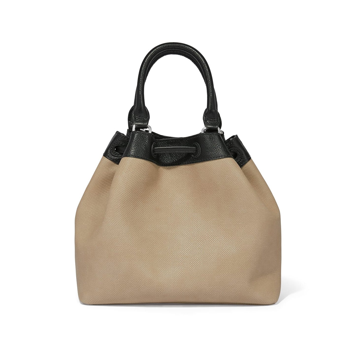 Brighton handbag in tan textured fabric with black leather drawstring trim and rolled top handles on a white background