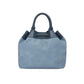 Brighton handbag shown from the back with light blue textured body and navy leather drawstring trim on a white background
