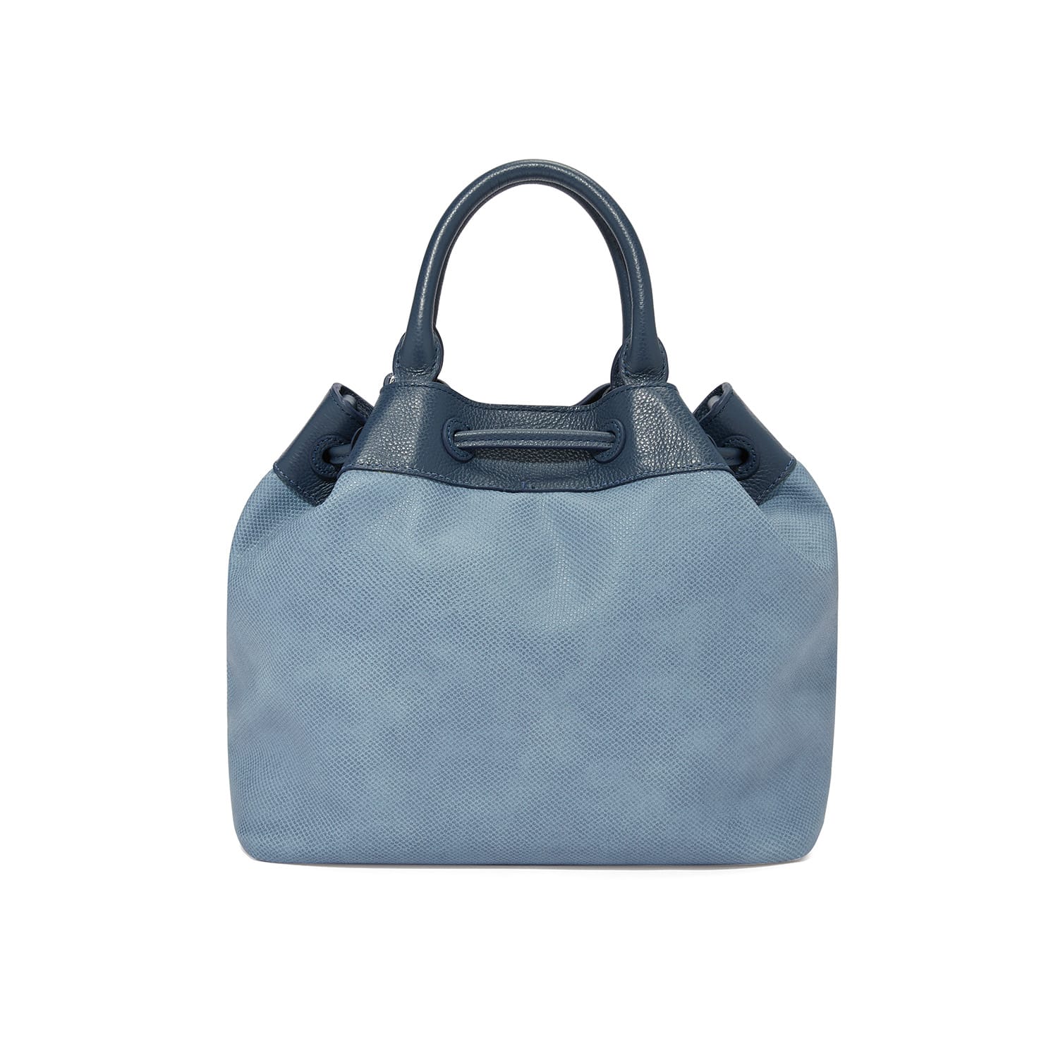 Brighton handbag shown from the back with light blue textured body and navy leather drawstring trim on a white background