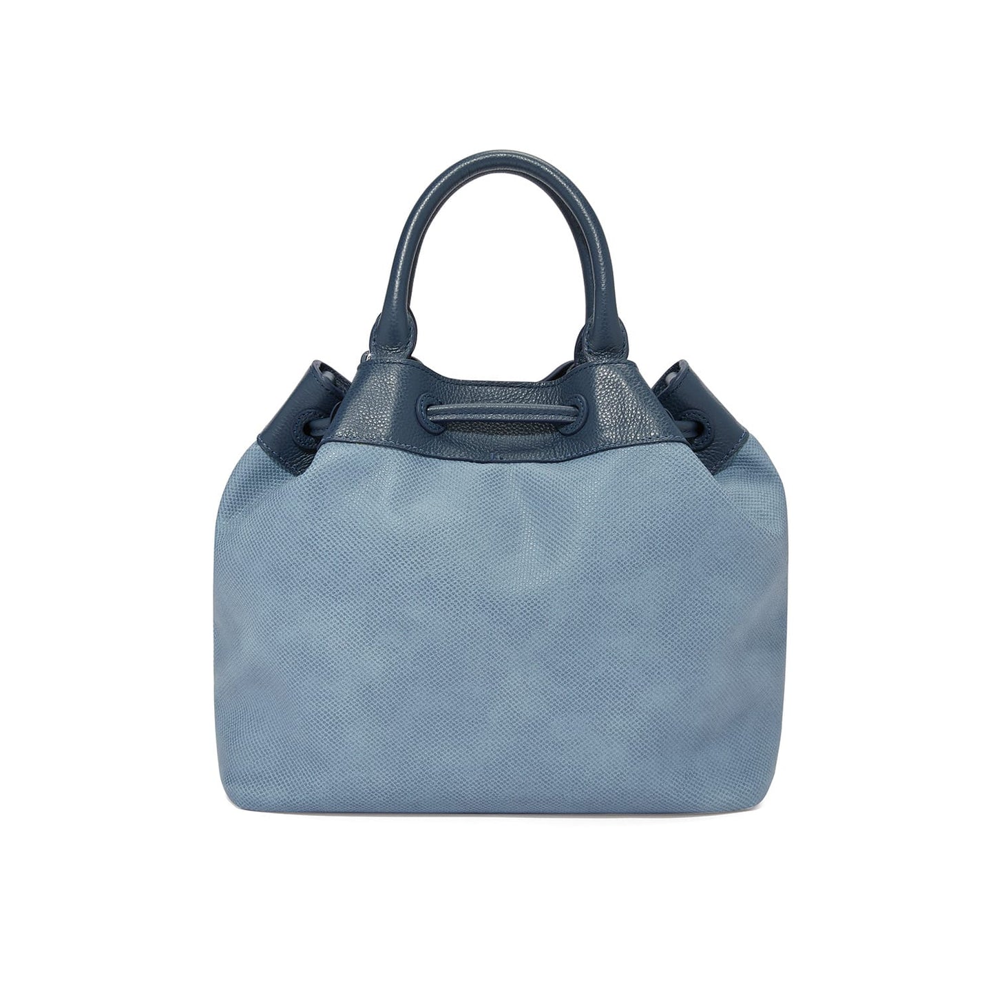 Brighton handbag shown from the back with light blue textured body and navy leather drawstring trim on a white background