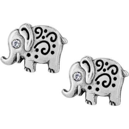 Brighton stud earrings shaped like silver-plated elephants with swirl detailing and crystal accents on a white background