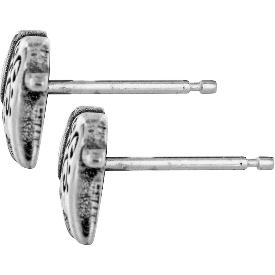 Brighton stud earrings with silver-plated textured design and post backs shown from the side on a white background
